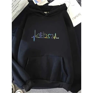 Bisiklet Kalp Ritim Baskılı Kapüşonlu Cepli Pamuklu Siyah Sweatshirt
