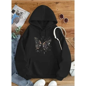 Parıltı Kelebek Baskılı Kapüşonlu Cepli Içi Yünlü Siyah Sweatshirt