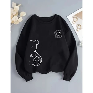 Sevimli Ayı Baskılı Bisiklet Yaka Siyah Sweatshirt