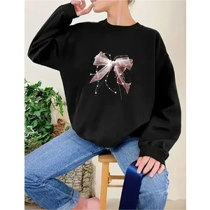 Parlak Pembe Kurdele Baskılı Bisiklet Yaka Siyah Sweatshirt