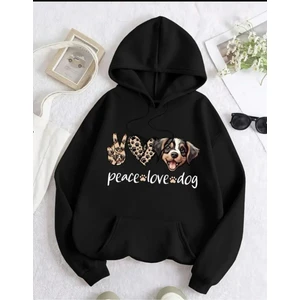 Sevimli Köpek Leopar Kalpli Baskılı 2 Iplik Şardonlu Kapüşonlu Cepli Sweatshirt
