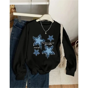 Mavi Kot Sanatı Baskılı Bisiklet Yaka Siyah Sweatshirt