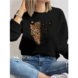 Yarım Yüz Leopar Baskılı Bisiklet Yaka Siyah Sweatshirt