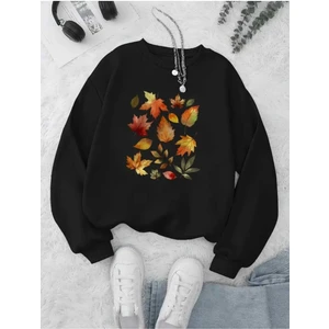 Sonbahar Yaprakları Baskılı Bisiklet Yaka Siyah Sweatshirt