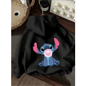 Stitch Arka Baskılı Kapüşonlu Cepli Içi Yünlü Siyah Sweatshirt