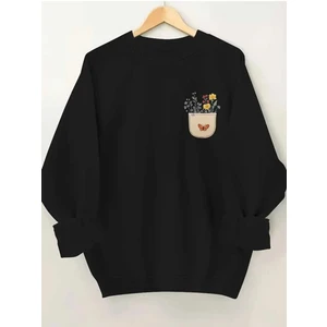 Çiçekli Cep Göğüs Baskılı Bisisklet Yaka Siyah Sweatshirt