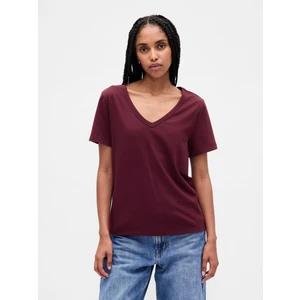 Kadın Bordo Organik Pamuk Vintage V Yaka T-Shirt