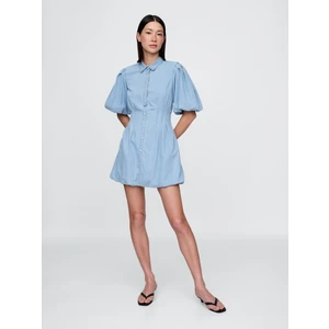 Kadın Açık Mavi Denim Bubble Mini Gömlek Elbise