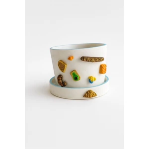 El Yapımı Seramik Saksı – Renkli Kabartma Detaylı, Tabağıyla Birlikte