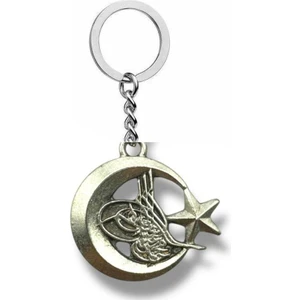 Osmanlı Tuğralı Ay Yıldız Figürlü Metal Anahtarlık – Gümüş Renk Unisex Aksesuar