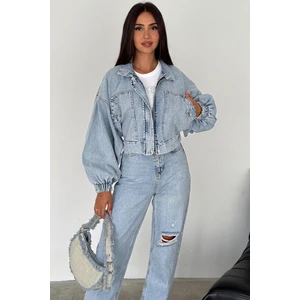 Kadın Açık Mavi Kısa Denim Ceket – Elastik Manşetli Crop Model