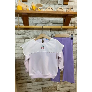 Laciel Paris Yakalı, Kiraz Nakışlı Sweat + Ispanyol Paça Tayt Kız Çocuk Takım