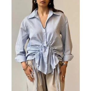 Önü Büzgü Detaylı Çizgili Gömlek