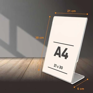 A4 Şeffaf Pleksi L Tipi Dikey 20'li Menü Standı Föylük Broşürlük Masaüstü Fiyatlık Duyuru Ilan Sergileme Mağaza Otel Restoran Kafe