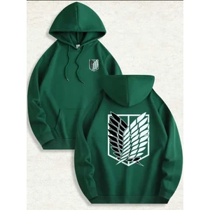 Aot Keşif Birliği Arka Göğüs Baskılı Kapüşonlu Cepli Içi Yünlü Yeşil Sweatshirt