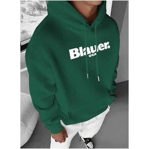 Blauer Usa Baskılı Kapüşonlu Cepli Pamuklu Yeşil Sweatshirt