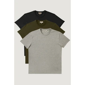 AC&Co / Altınyıldız Classics Erkek Sıyah-hakı-grı Melanj Slim Fit Dar Kesim Bisiklet Yaka 3'lü %100 Pamuk Tişört Paketi