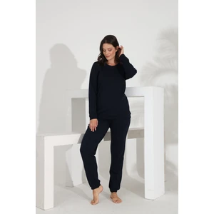 %100 Pamuk Uzun Kol Düz Renk Manşetli Cepli Kadın Pijama Takımı 98512