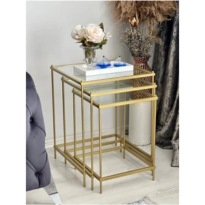 Brad 3'lü Metal Camlı Zigon Yan Sehpa Gold-Şeffaf