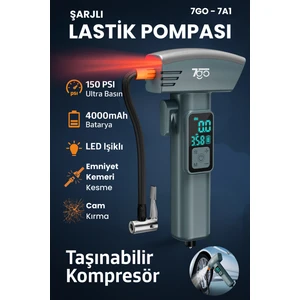 7go 7A1 Hava Pompası | 150 Psı Ultra Basınç | 4000MAH Batarya | LED Işıklı & LCD Ekranlı Taşınabilir Kompresör