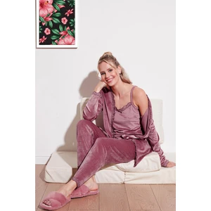 Regular Fit Dantelli Yumuşak Dokulu Sabahlıklı Kadife Pijama Takımı Bayan Pijama Takımı 6095545