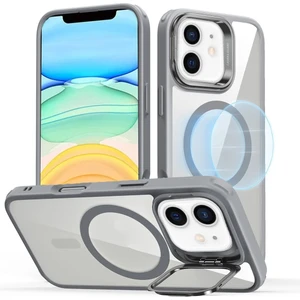 iPhone 11 Uyumlu Kenarları Gri Kamera Standlı Arkası Şeffaf Magsafe Kılıf