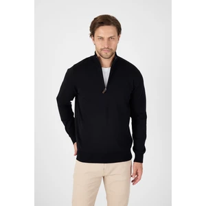 Siyah Pamuk Yarım Fermuarlı Dik Yaka Triko Kazak