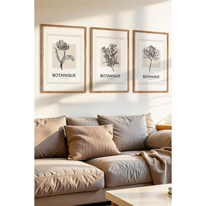 3 Parça Minimal Botanik Çiçekler Temalı Ahşap Çerçeve Görünümlü Mdf Tablo Seti