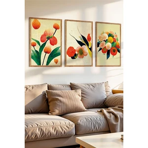 3 Parça Çiçeklenme Halinde Huzur Konsepli Ahşap Çerçeve Görünümlü Mdf Tablo Seti
