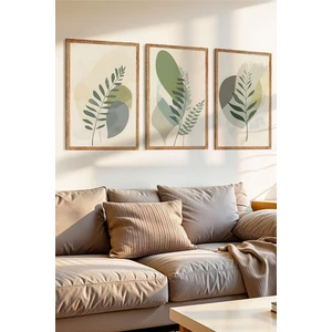 3 Parça Yeşil Yarpak Temalı Ahşap Çerçeve Görünümlü Mdf Tablo Seti