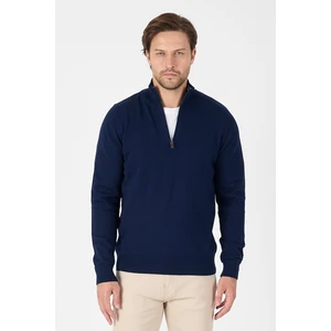 Lacivert Pamuk Yarım Fermuarlı Dik Yaka Triko Kazak