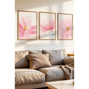 3 Parça Pembe Çiçek Temalı Ahşap Çerçeve Görünümlü Mdf Tablo Seti
