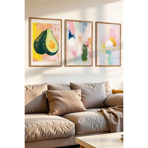 3 Parça Pastel Çizimli Ahşap Çerçeve Görünümlü Mdf Tablo Seti