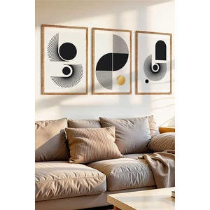 3 Parça Geoetrik Minimalizm Temalı Ahşap Çerçeve Görünümlü Mdf Tablo Seti
