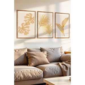 3 Parça Zarif ve Minimalist Doğa Temalı Ahşap Çerçeve Görünümlü Mdf Tablo Seti
