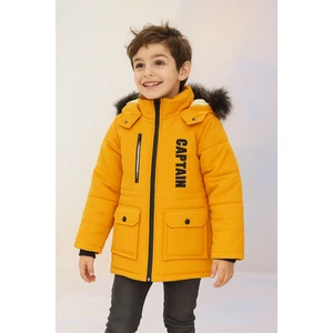 Mika Bebek Captain Nakışlı Kürklü Kapüşonlu Erkek Çocuk Safran Sarı Şişme Mont