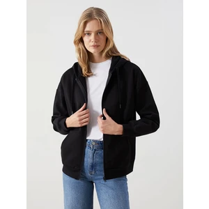 Lcw Modest Siyah Kapüşonlu Oversize Kadın Fermuarlı Sweatshirt