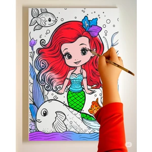 Dudu Ahşap 25 x 35 cm Resimli Tuval Çocuk Boyama Seti Deniz Kızı Resimli 6 Renk Akrilik Boya ve 2 Fırça Adet Fırça