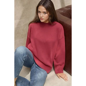 Kadın Bisiklet Yaka Relax Fit Yumuşak Triko Kazak Red