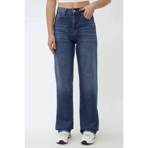 Kadın Yüksek Bel Straight Kot Pantolon Orta Mavi Denim