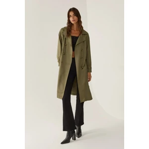Kadın Kemerli Düğmeli Trençkot Haki Yeşil