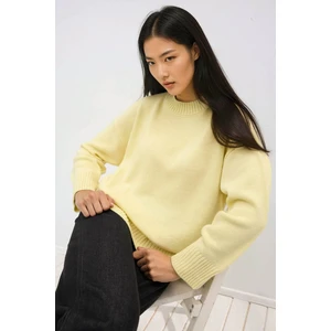 Kadın Bisiklet Yaka Relax Fit Yumuşak Triko Kazak Limon Sarısı