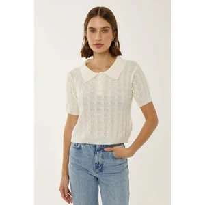 Kadın Saç Örgüsü Desenli Polo Yaka Triko Üst Natural