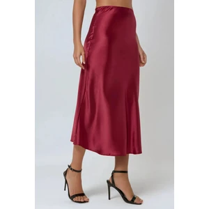 Kadın Yüksek Bel Saten Midi Etek Bordo Kırmızı