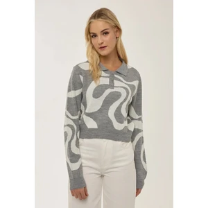 Kadın Polo Yaka Jakarlı Triko Kazak Gri