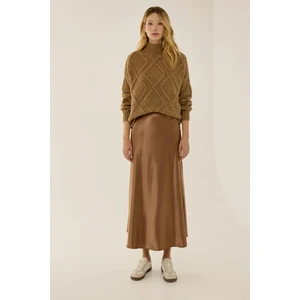 Kadın Yüksek Bel Saten Midi Etek Mocha Kahvesi