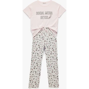 Pamuklu Kısa Kollu Bisiklet Yaka Baskılı Pijama Takımı