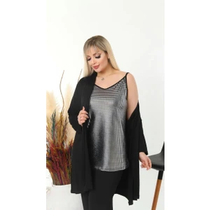 Kadın Büyük Beden Arkası Siyah, Önü Varak Baskılı Askılı Viskon Bluz