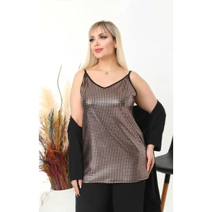 Kadın Büyük Beden Arkası Siyah, Önü Varak Baskılı Askılı Viskon Bluz