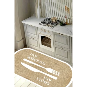 Dijital Kaymaz Yıkanabilir Mutfak Jüt Gör. Kıtchen Beyaz Çerçeveli Oval Mutfak Halısı DC-5050-OVAL